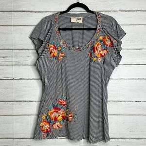 Savanna Jane Stripe Floral Embroidered Tee Size 3X